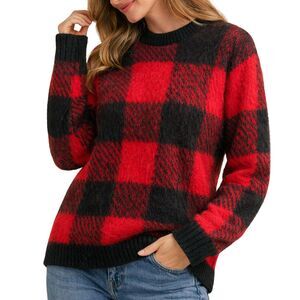 VTG 50s 60s Buffalo Plaid Sweater M Red Black Wool Pullover Warm Soft Cabin Cozy